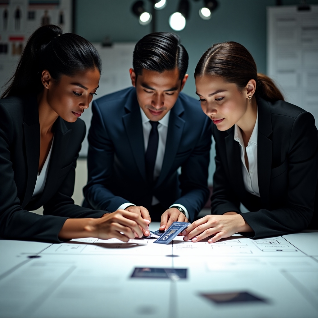 Fashion retail professionals examining gift card prototypes