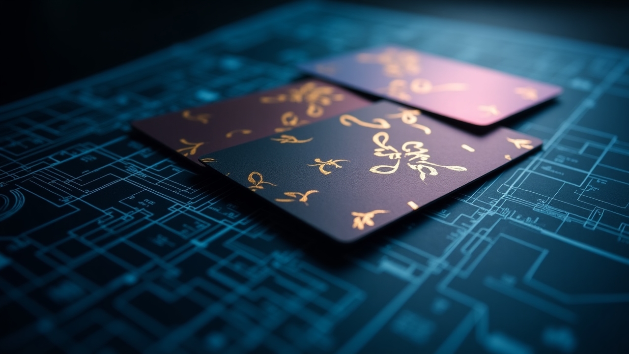 Gift cards arranged on blueprint surface