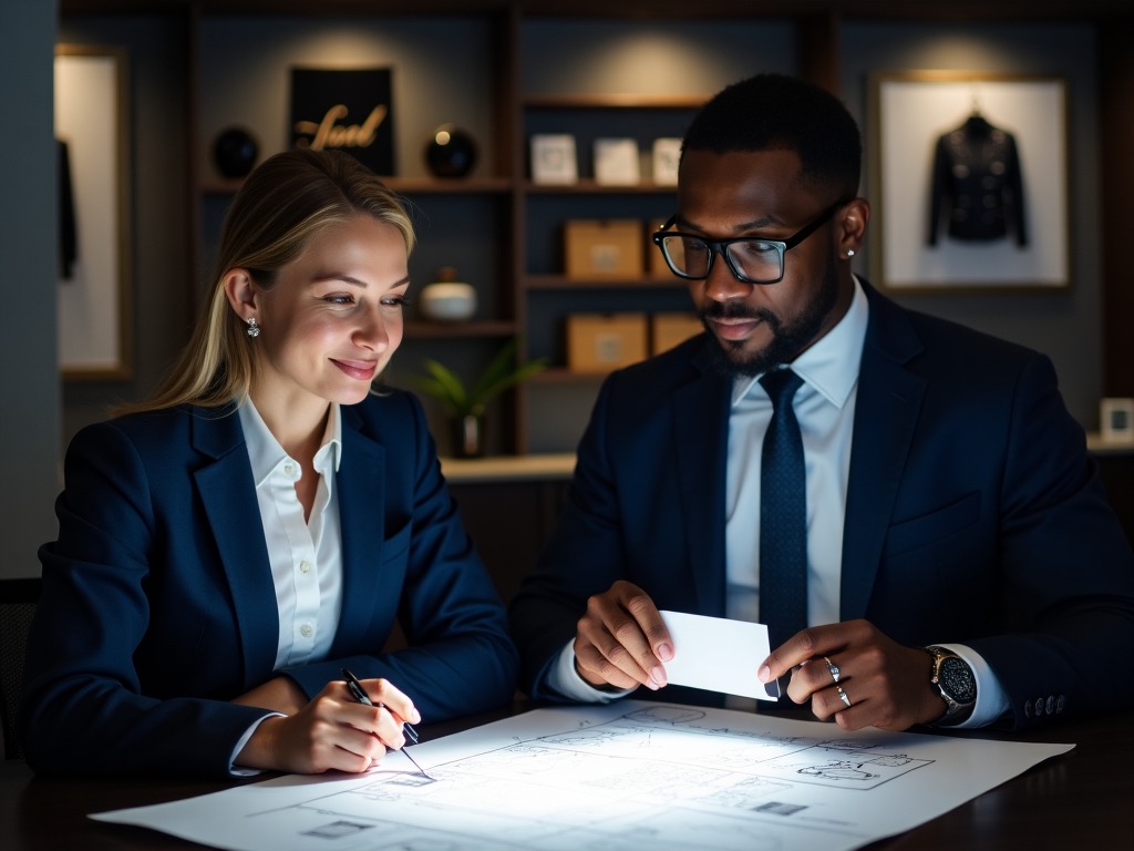 Retail executives reviewing gift card partnership documents