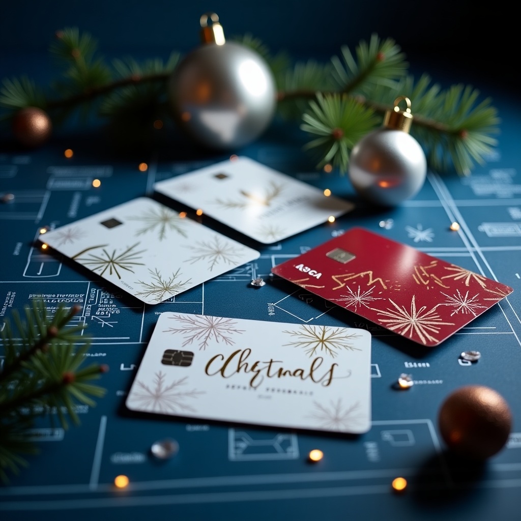 Holiday-themed gift cards arranged on blueprint surface
